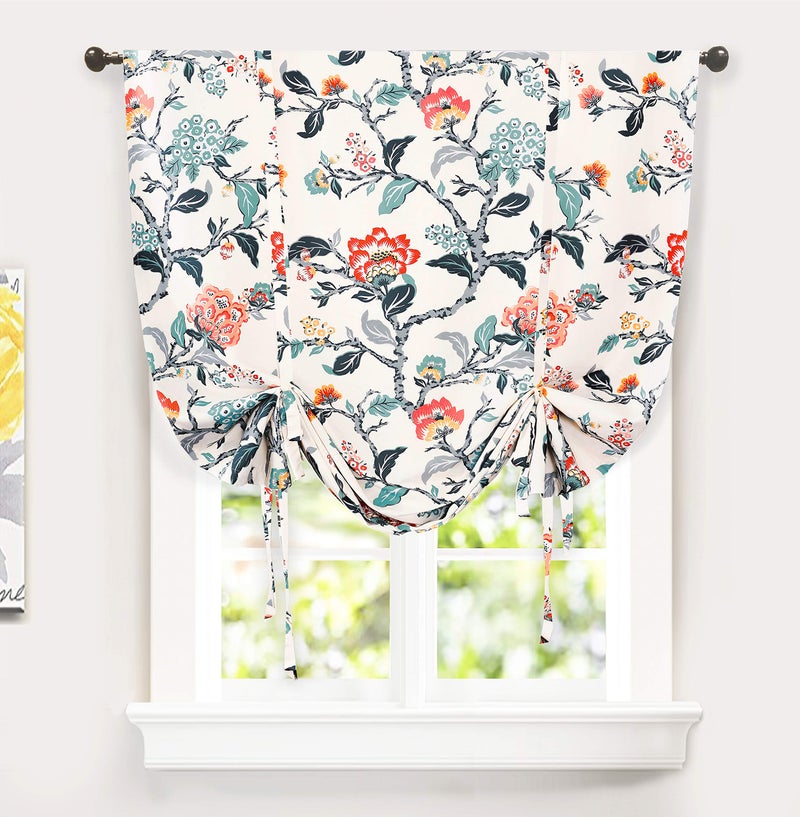 DriftAway Ada Floral Botanical Print Flower Leaf Lined Thermal Insulated Room Darkening Blackout Tie Up Window Curtains 2 Layers Each 45 Inch by 63 Inch Ivory Orange Teal - Image 1